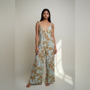 Free People Wide Leg Floral Print Jumpsuit in Blue and Brown
